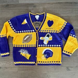 VTG Minnesota Vikings NFL Granny Sweater Cardigan Patchwork Embroidery Womens XL